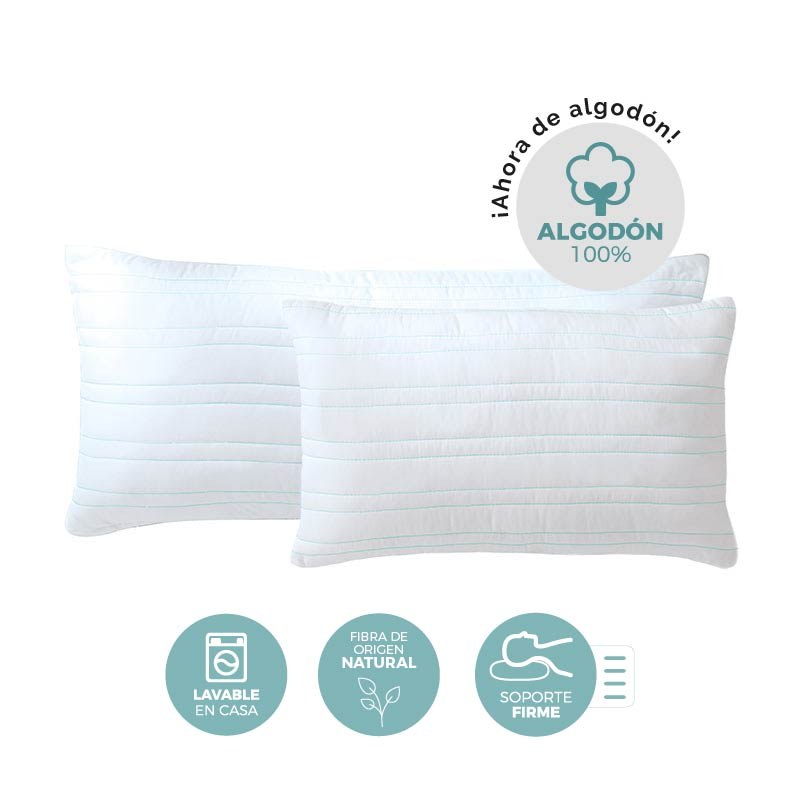 Almohada de algodón 100% con capitonado transpirable en hilo menta, soporte firme para descanso higiénico diario